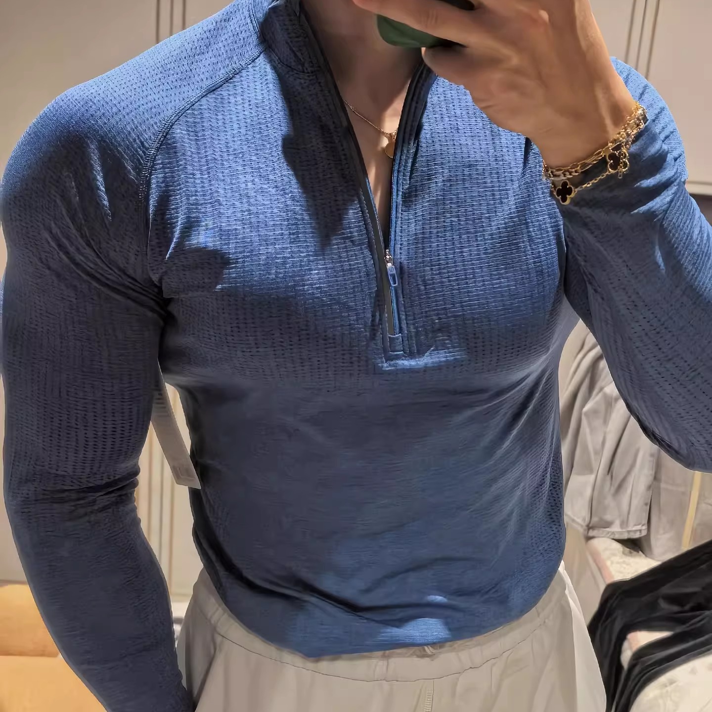 lulu同款半拉练健身衣立领纹理高弹力训练服显肌肉户外打底衫速干