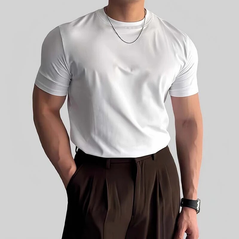 纯棉收袖口正肩短袖修身显肌肉撸铁半袖健身美式弹力纯色训练夏季