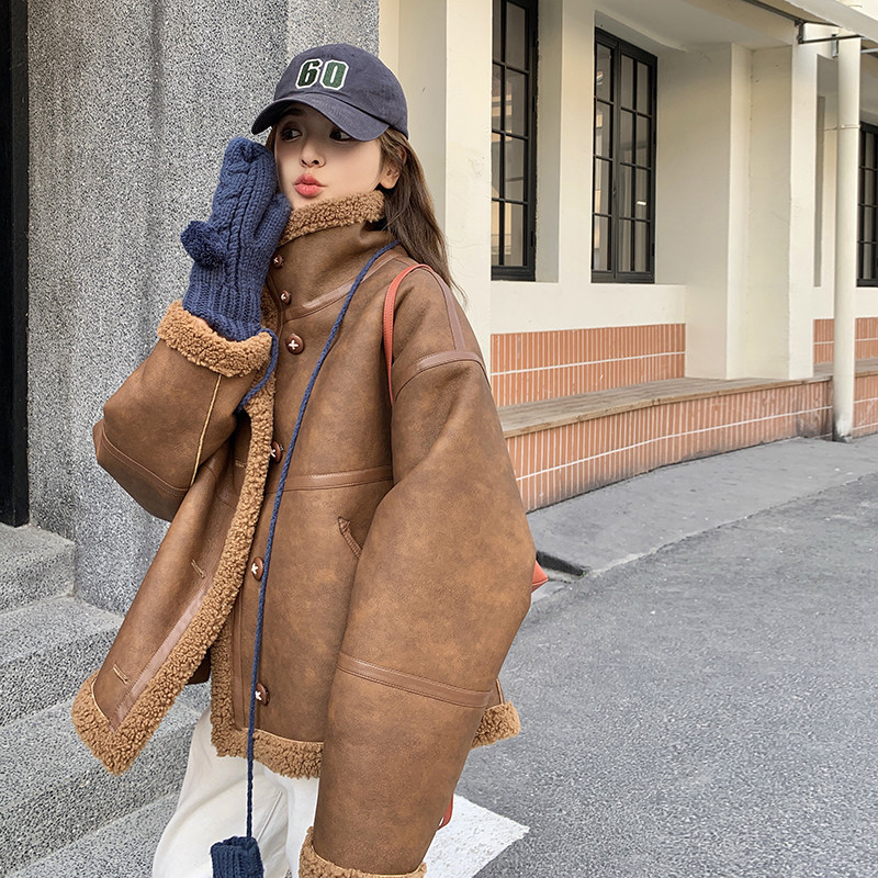 韩系复古咖色皮毛一体羊羔毛外套女冬季2025新款小个子巨好看棉服,女装短外套,浙宝136