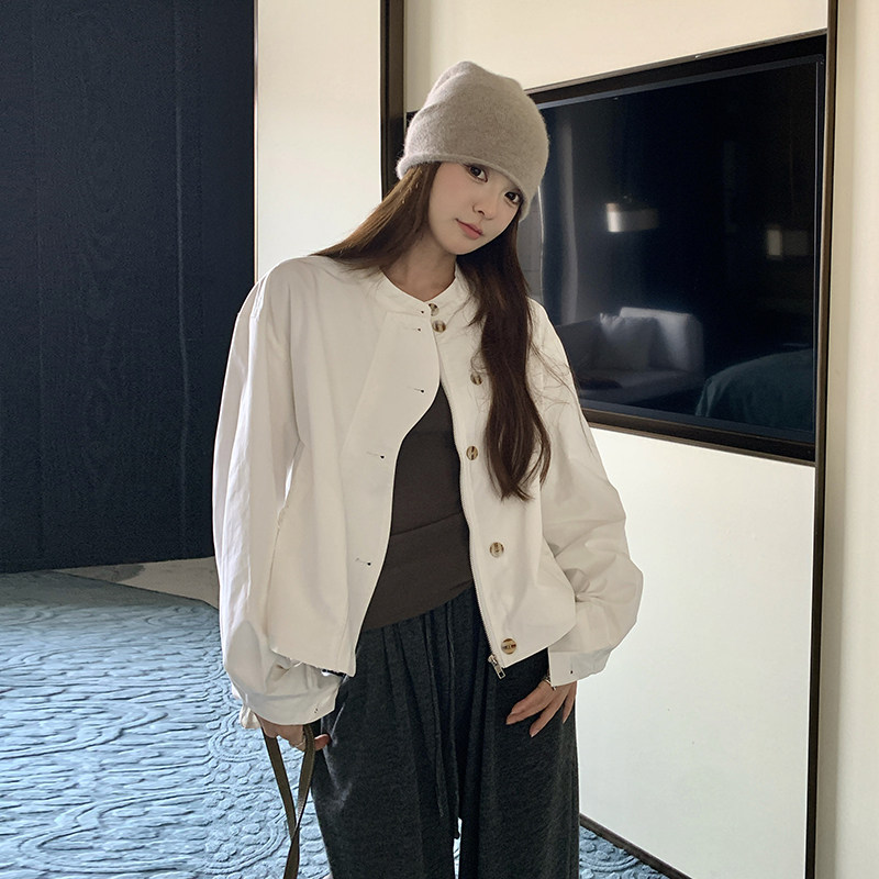 高级感炸街白色立领工装外套女2025春秋新款韩版宽松休闲夹克上衣,女装短外套,浙宝136
