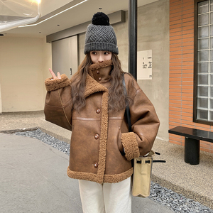 韩系复古咖色皮毛一体羊羔毛外套女冬季2025新款小个子巨好看棉服图片