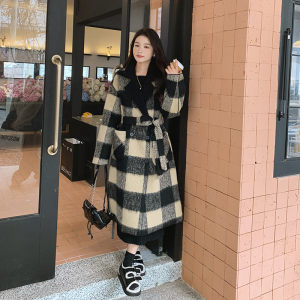 赫本风复古格子长款毛呢外套女2023秋冬新款高级感小个子厚呢大衣图片