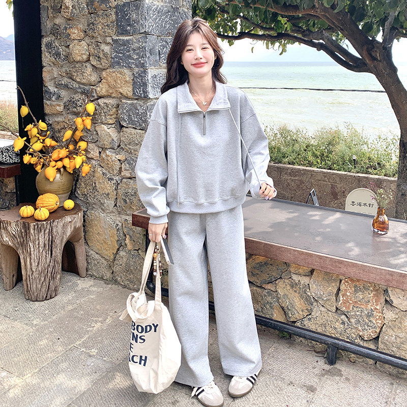 休闲运动灰色卫衣阔腿裤套装女春秋ootd穿搭两件套爆款高级感超火，女装运动套装，浙宝136
