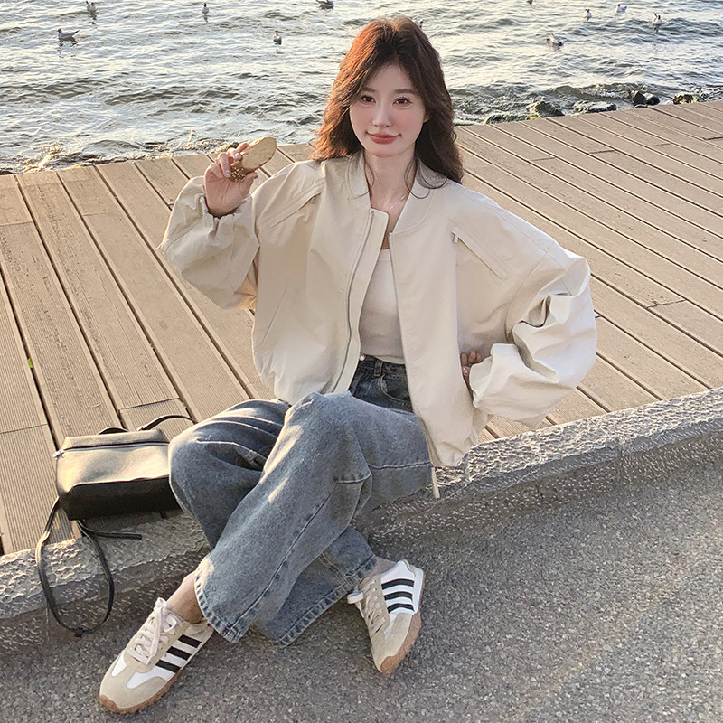 米白色休闲棒球服短外套女春季2025新款小个子百搭流行高级感夹克,女装短外套,浙宝136