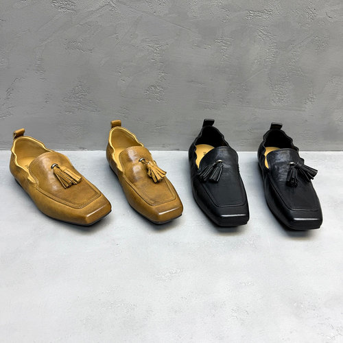 复古流苏真皮软底方头乐福女鞋