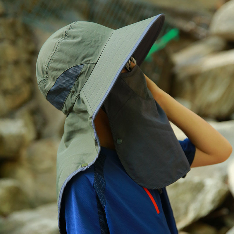 全方位拼色大童帽子夏天户外少年亲子款男孩UPF50+护颈遮阳帽 - 如觅旗舰店出品