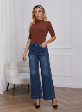 欧美女装跨境秋冬水洗黑色阔腿牛仔裤女宽松长裤高街风牛仔裤时尚