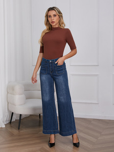 时尚 欧美女装 高街风牛仔裤 女宽松长裤 跨境秋冬水洗黑色阔腿牛仔裤