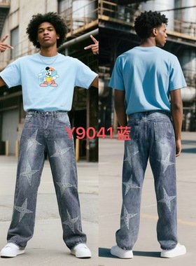 欧美街头男女新款牛仔裤长裤烫钻星星十字架嘻哈牛仔长裤Jeans