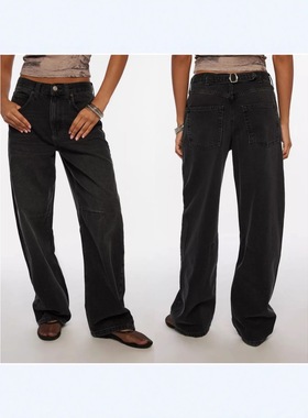 欧美女装时尚跨境秋冬水洗黑色阔腿牛仔裤女宽松长裤高街风牛仔裤