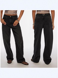 高街风牛仔裤 欧美女装 女宽松长裤 跨境秋冬水洗黑色阔腿牛仔裤 时尚