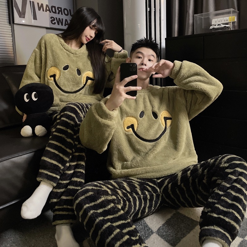 情侣睡衣秋冬季长毛绒大笑脸男女同款休闲家居服2025新款今年爆款