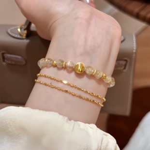 天然黄水晶手串女金发晶手链轻奢百搭小众串珠虎石转运珠闺蜜手饰