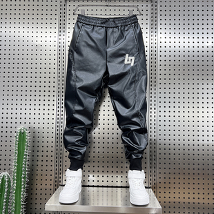 男机车PU保暖防风刺绣小脚裤 加绒加厚摩托车外卖骑行皮裤 男士 冬季