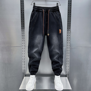 弹力束脚哈伦裤 松紧腰拼接小脚裤 男士 秋冬潮流加绒黑色磨白牛仔裤