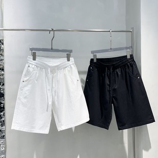 简约纯色休闲五分裤 白色系带松紧腰短裤 男士 宽松直筒中裤 夏季 韩版