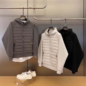 2023冬季新款潮流轻薄羽绒服男宽松百搭连帽纯色外套时尚拼接上衣