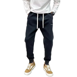 秋冬加绒加厚钢印做旧哈伦裤男士潮牌宽松束脚九分卫裤运动长裤子