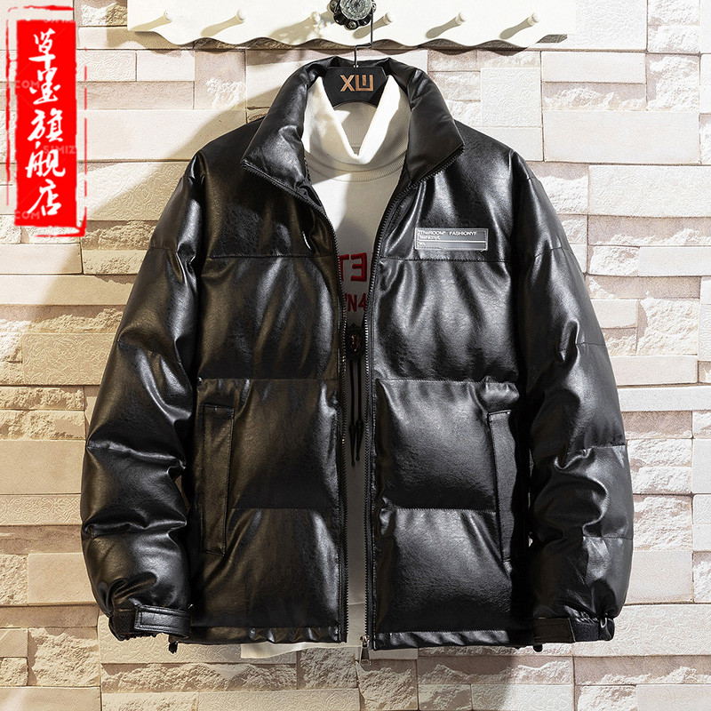 欧美加厚棉立领棒球服外套女短款小个子宽松pu皮夹克棉衣面包服男