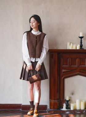 DFD 书卷气 白色缪款学院风全羊毛麻花v领短上衣复古毛衣女