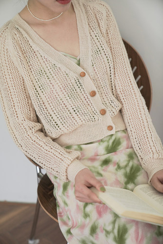 法式复古V领凉爽镂空针织开衫