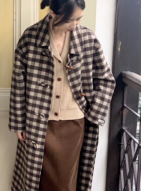 DFD 华夫饼 学院风英伦复古牛角扣格子棕色双面尼长款羊毛大衣女