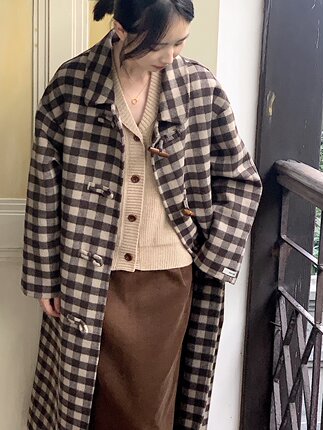 DFD 华夫饼 学院风英伦复古牛角扣格子棕色双面尼长款羊毛大衣女