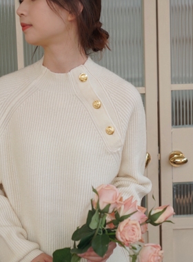 DFD 100%纯羊毛 韩系百搭白色斜扣金扣圆领针织毛衣女秋冬