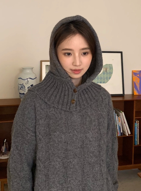 DFD 复古韩系100羊毛灰色绞花毛衣套头针织连帽套装女