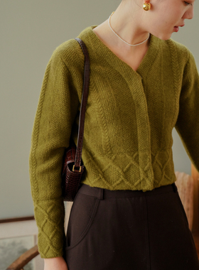 DFD苏格兰高地 法式V领复古狡花短款长袖针织美丽奴纯羊毛毛衣女