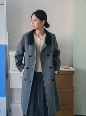 DFD格雷系 复古优雅全羊毛灰色黑领双排扣双面尼长款大衣外套女
