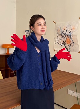 DFD 克莱因蓝 韩风慵懒宽松开衫毛衣围巾套装女