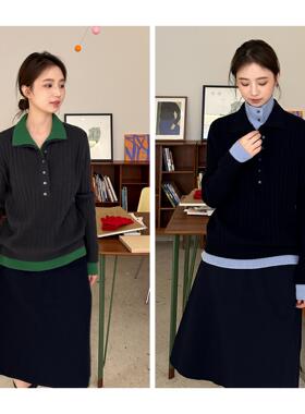 DFD 高智风100纯羊毛假两件藏青撞色灰色双层领套头针织毛衣女