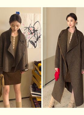 DFD uma风棕绿色流苏边复古短款长款羊毛双面尼牛角扣廓形大衣