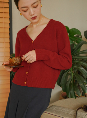 DFD美丽奴100%纯羊毛新年复古小开衫红毛衣法式V领显瘦针织女