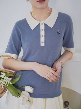 DFD 漫游海岸线 100%羊毛软糯法式复古刺绣雾霾蓝Polo衫T恤短袖女