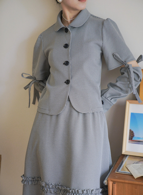 DFD 复古黑白CDG款小圆领打结两穿花边设计款千鸟格套装女