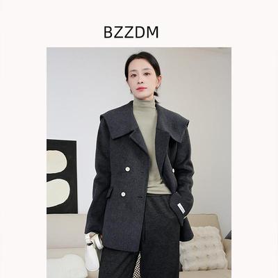 气质海军大翻领山羊绒毛呢外套女冬季绵羊毛收腰小个子短款大衣