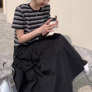 时尚暗条纹短袖T恤夏季新款两侧抽绳设计显瘦韩版小个子气质上衣