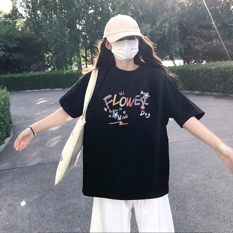 花朵黑色纯棉短袖t恤女2026新款爆款夏季高端欧货大版上衣体恤潮