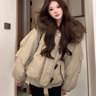 牛角扣羽绒棉服女大毛领派克服2025冬季新款加厚棉衣复古棉袄外套