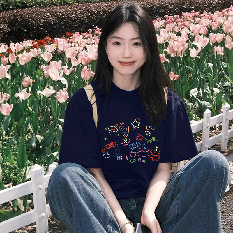 藏蓝色短袖t恤女2026新款夏纯棉夏天巨好看的美式设计感宽松上衣 - 实物图