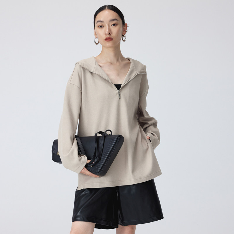 BLANK LABEL 极简斜纹双面针织侧开叉连帽卫衣女可开合立领上衣