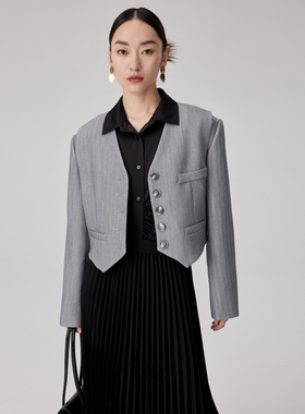 BLANK LABEL 极简高级色织人字纹TR面料 灰色休闲西装外套女夏季