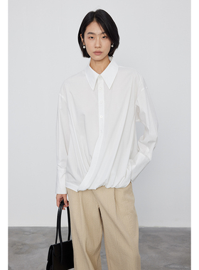 BLANK LABEL 褶皱花苞型一片式抗皱白色长袖衬衫女秋中性宽松衬衣