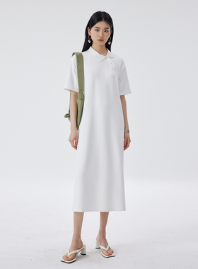 BLANK LABEL 极简高级云感双面丝光针织斜襟白色polo连衣裙女夏季