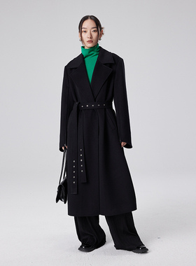 BLANK LABEL 极简高级羊毛翻领黑色毛呢外套女秋冬季廓形呢子大衣