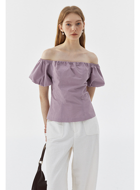 BLANK LABEL紫色一字肩上衣女夏新款露肩抽褶显瘦小衫泡泡袖衬衫