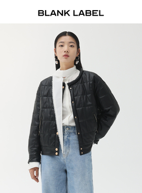 BLANK LABEL 极简高级微光泽环保PU皮衣短款棉衣棉服女冬黑色夹克