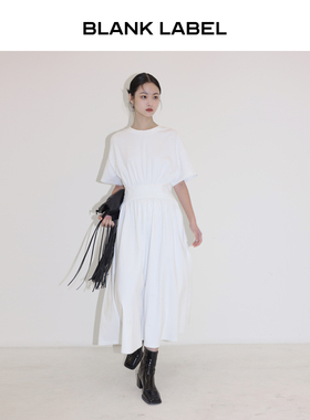 BLANK LABEL 极简高级高克重秘鲁棉双面针织白色收腰连衣裙夏季